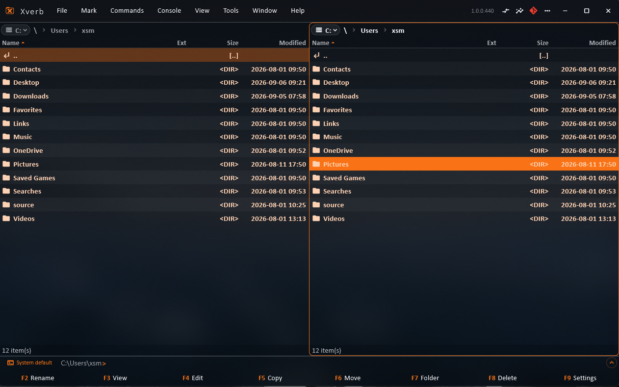 The Xverb window: two file listings, a path bar and the function-key row